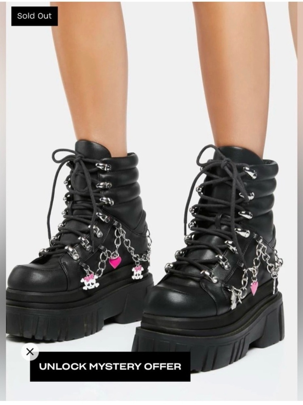 THE GRAVE GIRL Black Lace-Up Platform Combat Boots with Heart & Skull Charms